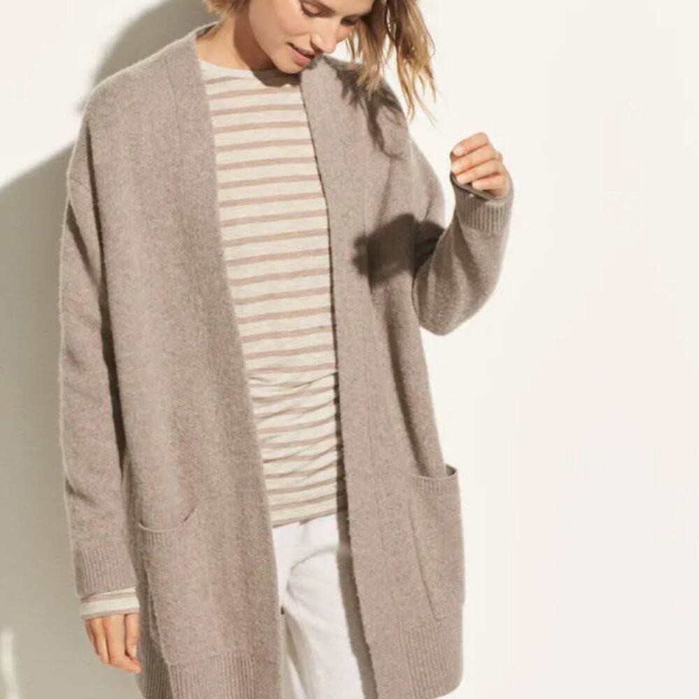 VINCE Patch Pocket Cashmere Cardigan Sweater Heathered Taupe Tan {B18}
